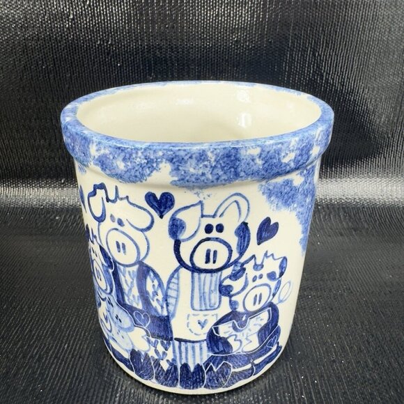 Farmhouse Pig Kitchen Utensil Vase Container Hand Made Signed Blue Gray Pottery - Picture 11 of 12